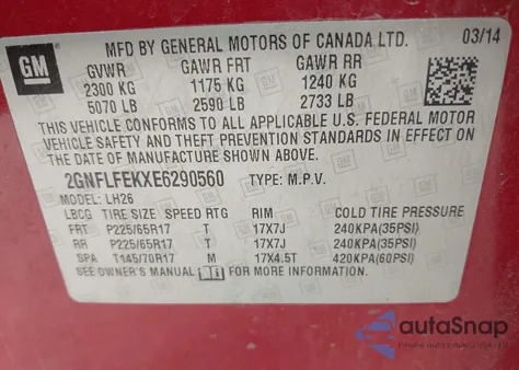 2014 Chevrolet Equinox 1Lt z USA, uszkodzony, nr VIN 2GNFLFEKXE6290560